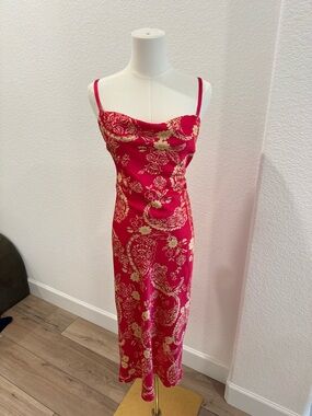 Vici satin yellow print midi slip dress strappy back size small